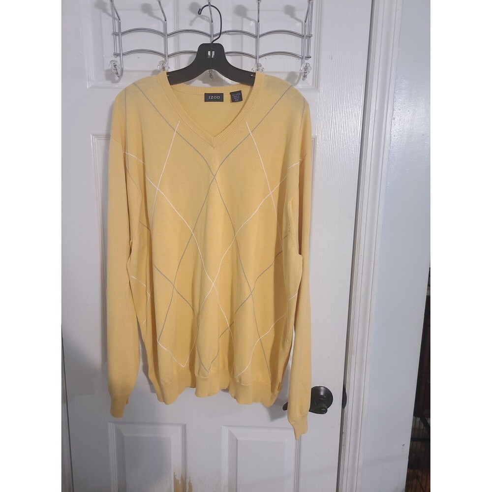 Vintage IZOD Yellow V Neck Sweater Argyle Diamond Pattern Preppy Knit sz XXL